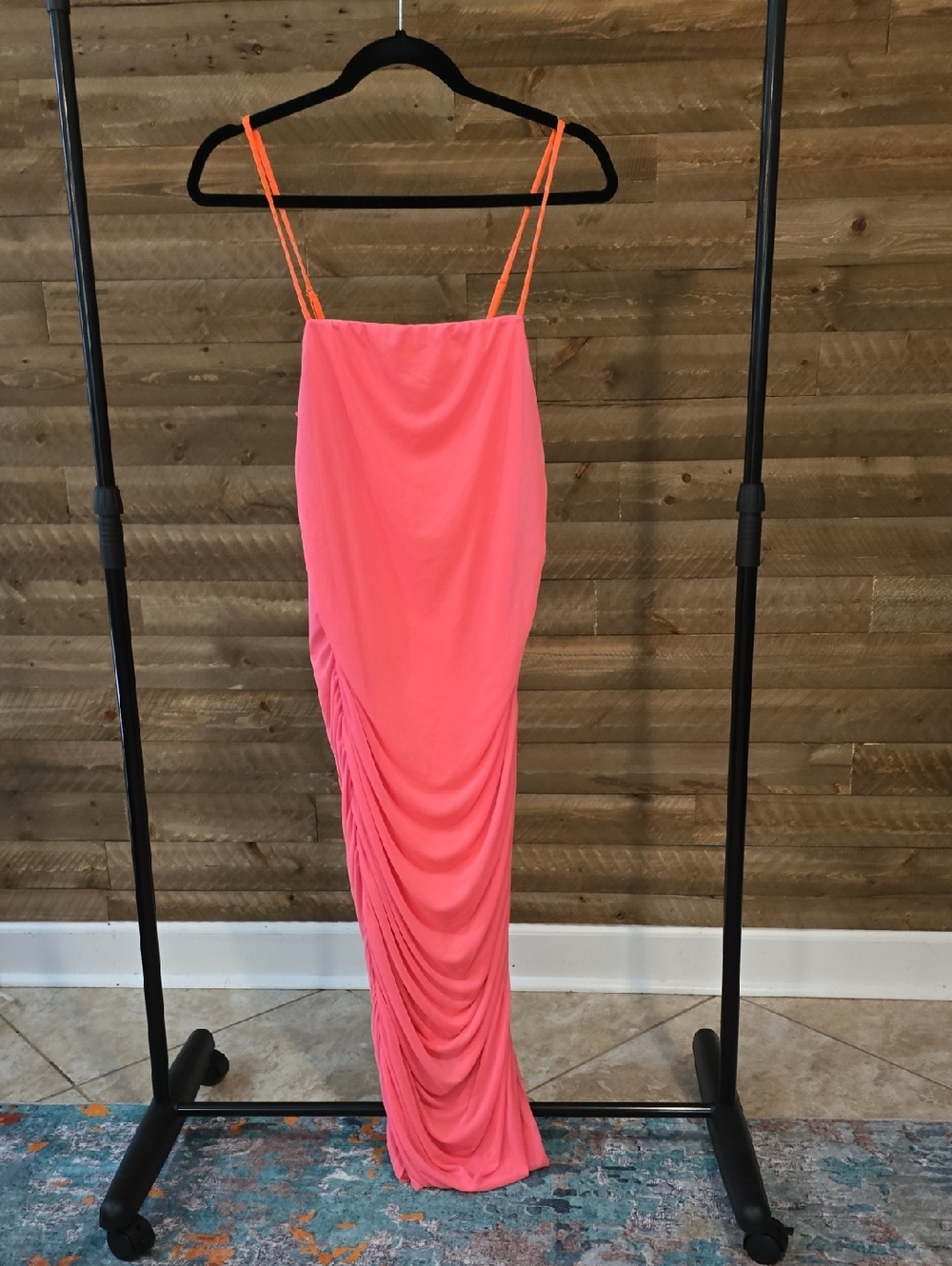 Fashion Nova Coral Pink Ruched Spaghetti-Strap Bodycon Dress